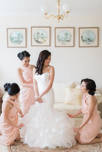 Cross Neck Mid-Calf Pink Chiffon Bridesmaid Dress