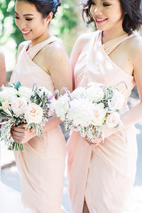 Cross Neck Mid-Calf Pink Chiffon Bridesmaid Dress