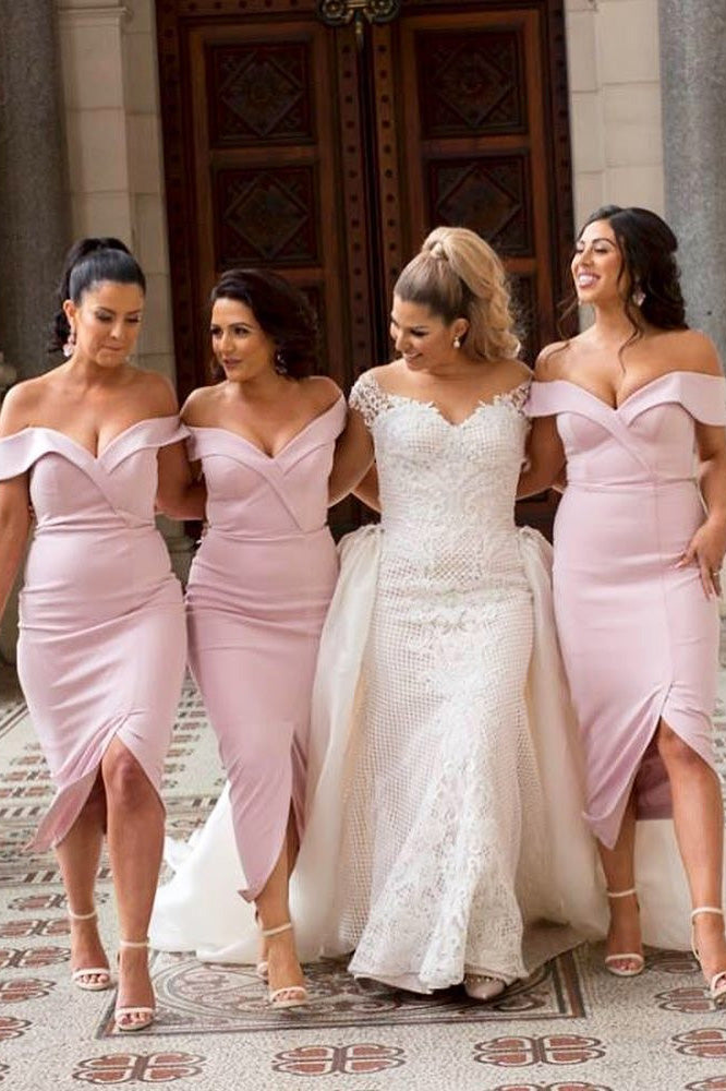 Elegant Off Shoulder Tea Length Sheath Pink Bridesmaid Dress Dreamdressy Elegant Off Shoulder Tea Length Sheath Pink Bridesmaid Dress Dreamdressy