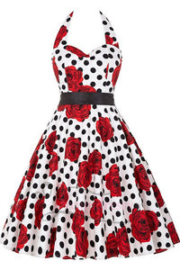 50s Vintage White Dress with Polk Dots and Floral