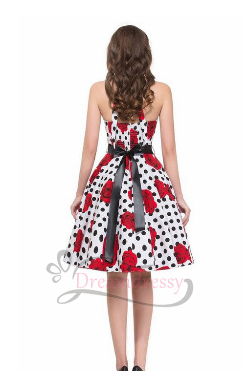 50s Vintage White Dress with Polk Dots and Floral