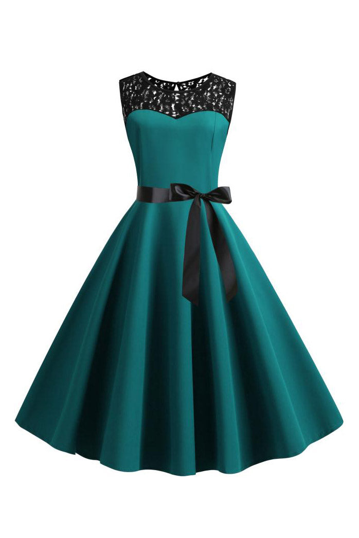 Emerald Green Lace Insert Swing Dress with Ribbon