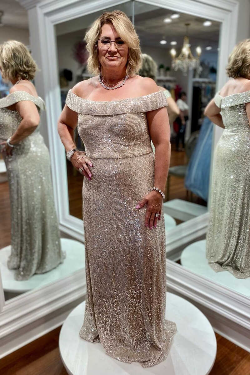 Gorgeous Champagne Sequin Off-the-Shoulder Long Mother of the Bride Dr Dreamdressy Gorgeous Champagne Sequin Off-the-Shoulder Long Mother of the Bride Dr Dreamdressy