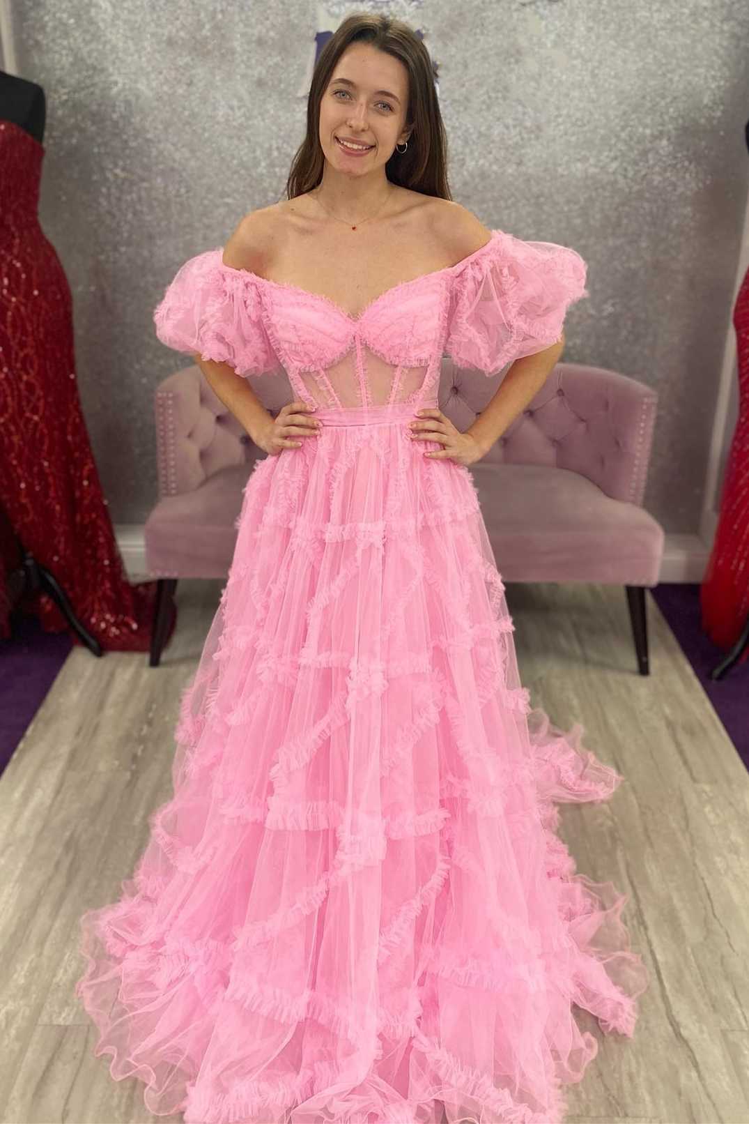 princess a line prom dress Princess Off the Shoulder Sequined Lace Prom Dress, Golden / 8