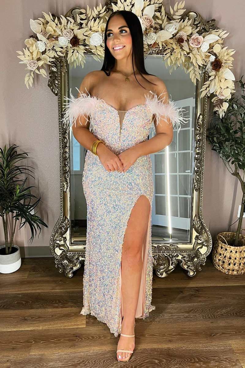 Pink Iridescent Sequin Feather Off-the-Shoulder Long Prom Dress with Slit Pink Iridescent Sequin Feather Off-the-Shoulder Long Prom Dress with Slit