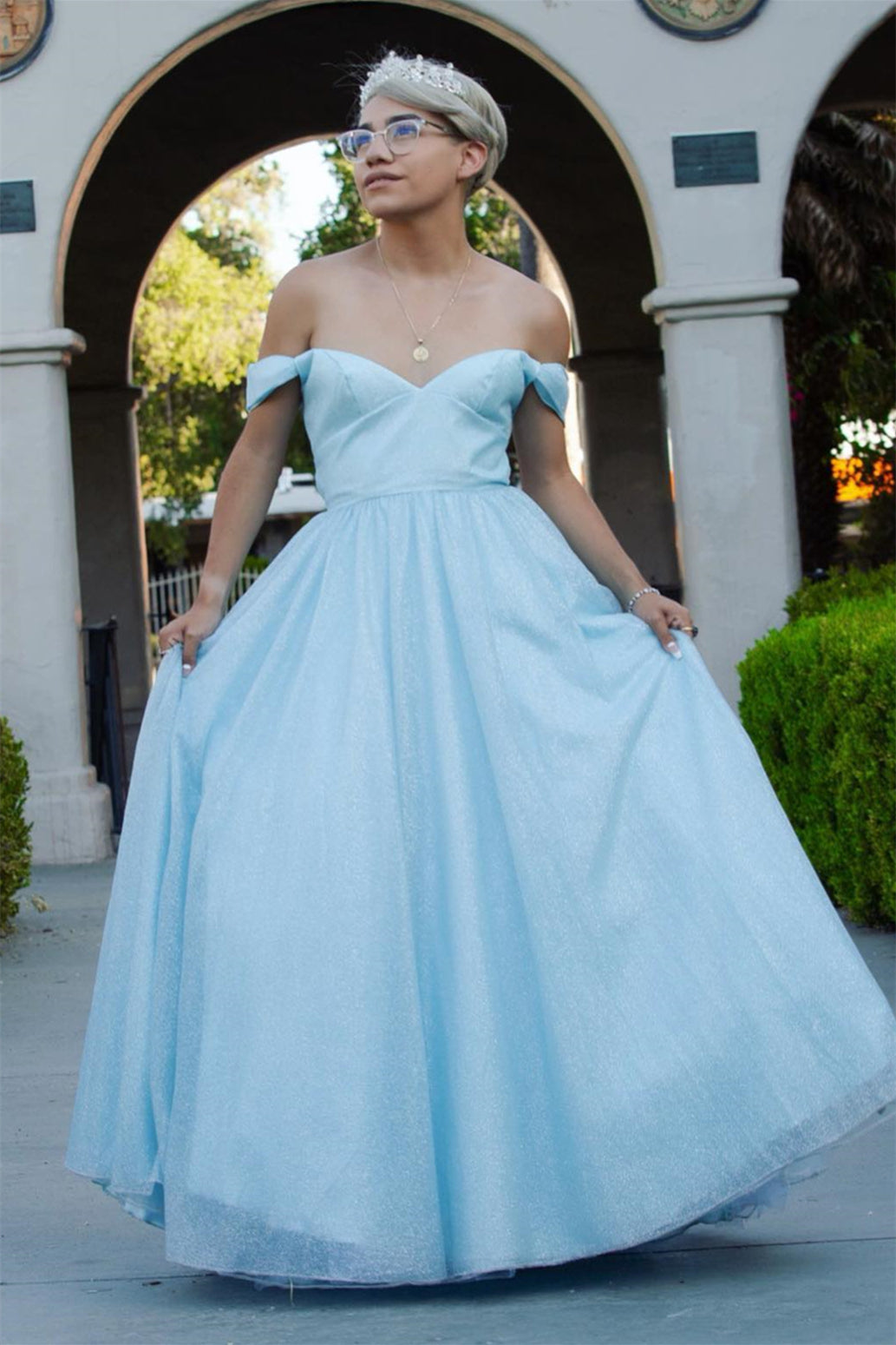 Light Blue Tulle A-line Off-Shoulder Lace-Up Back Long Prom Dress Light Blue Tulle A-line Off-Shoulder Lace-Up Back Long Prom Dress