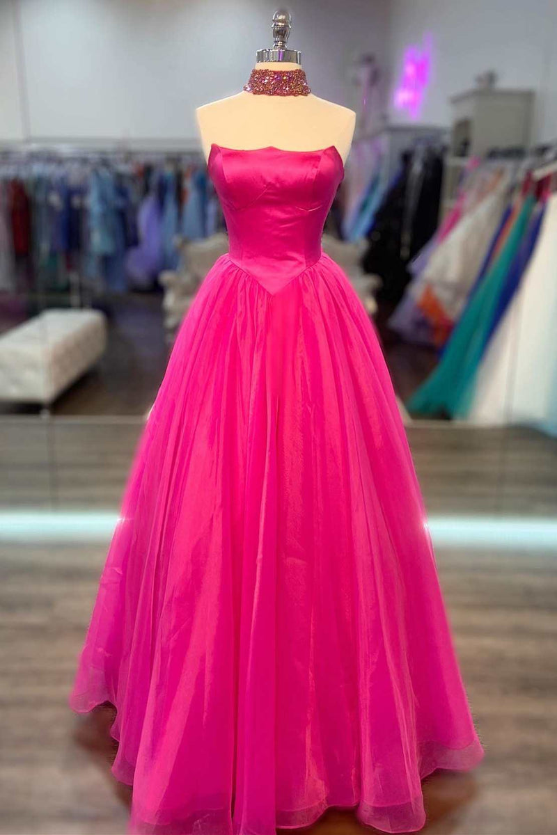 Hot Pink Strapless Ball Gown with Pockets  Dreamdressy