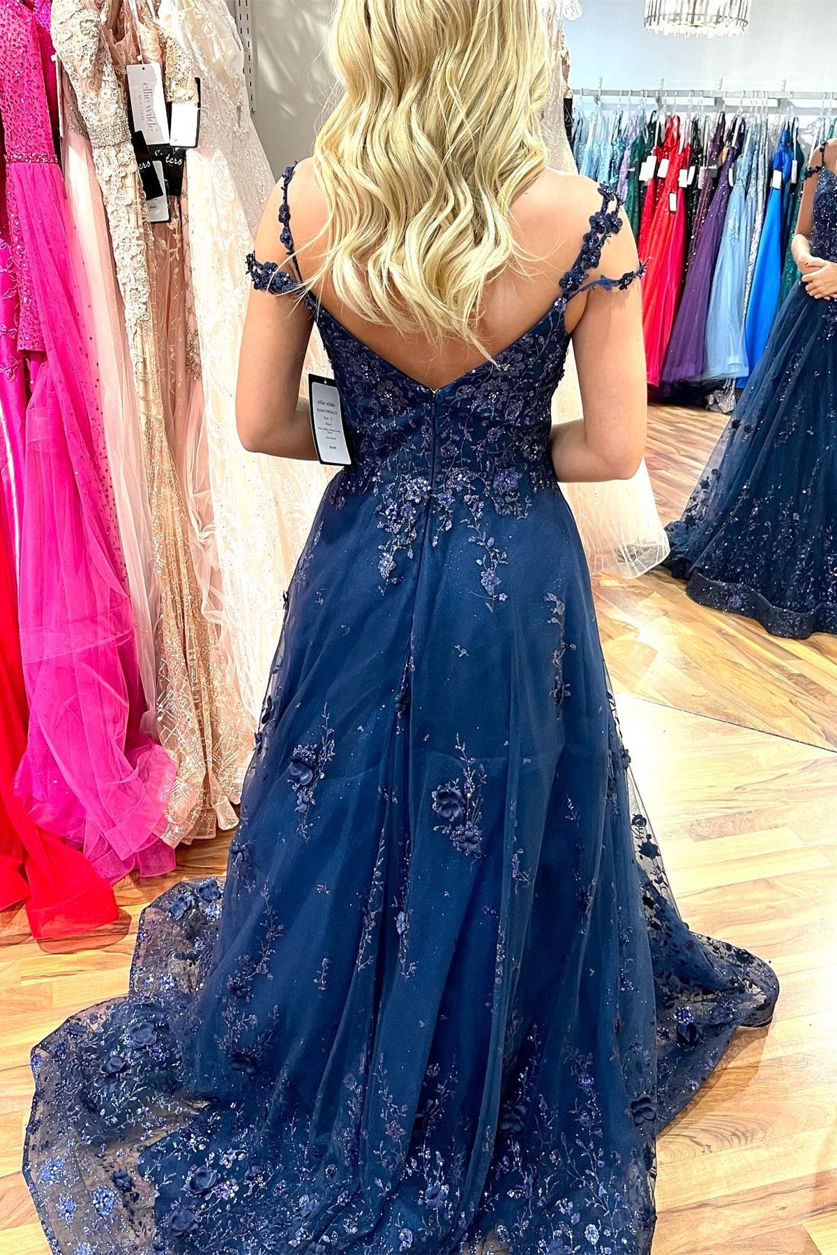 navy prom dress flowers Navy Blue Tulle Lace A-line V-neck Prom Dresses, Long Formal Dresses, MP642