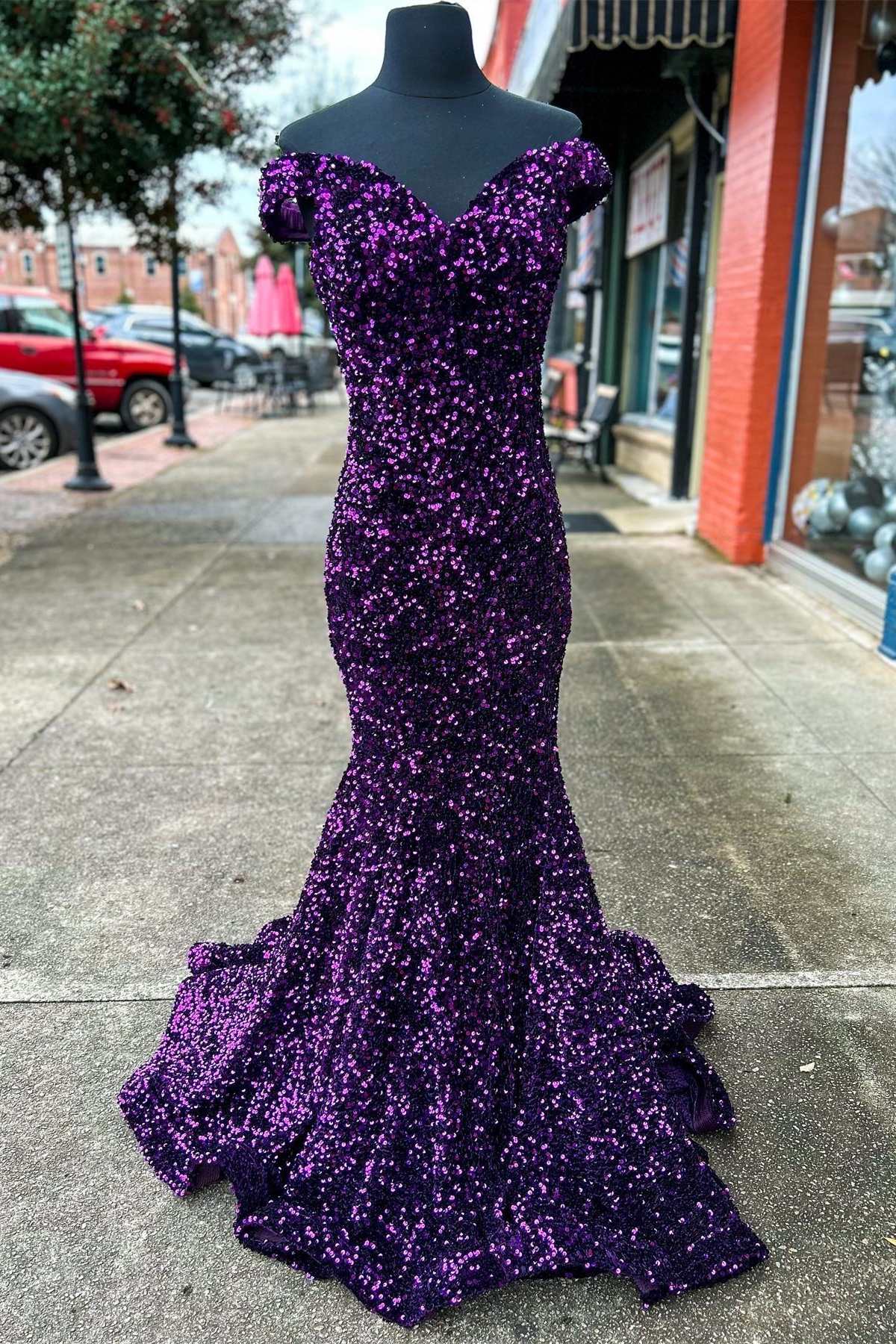 Purple Sequin Off-the-Shoulder Lace-Up Mermaid Long Dress Dreamdressy Purple Sequin Off-the-Shoulder Lace-Up Mermaid Long Dress Dreamdressy