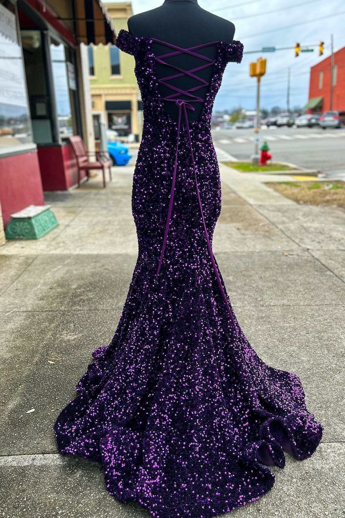 Purple Sequin Off-the-Shoulder Lace-Up Mermaid Long Dress Dreamdressy Purple Sequin Off-the-Shoulder Lace-Up Mermaid Long Dress Dreamdressy