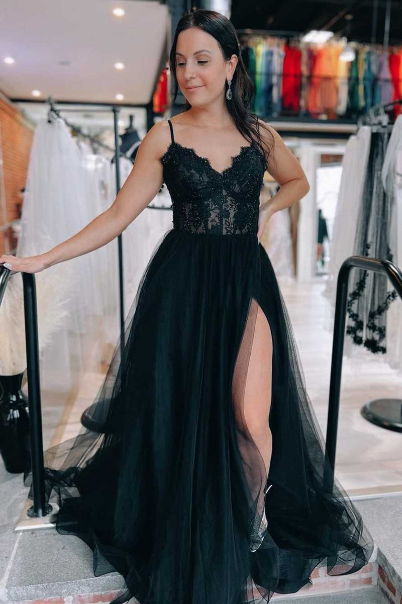 Black Tulle Lace Lace-Up Back A-Line Prom Dress with Slit  Dreamdressy