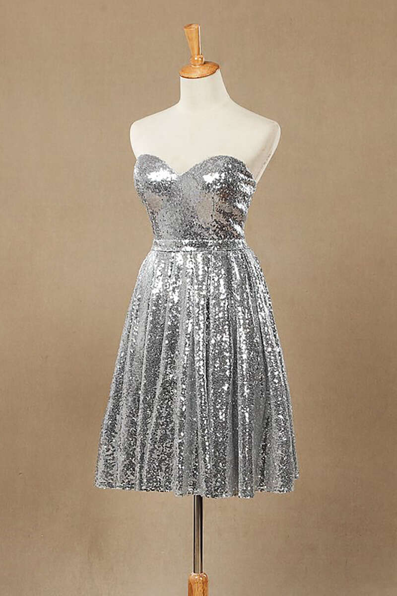 Silver Sequin Sweetheart A-Line Knee Length Bridesmaid Dress Silver Sequin Sweetheart A-Line Knee Length Bridesmaid Dress