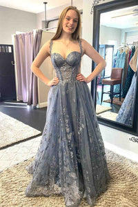 Dusty Lavender A-line Off-the-Shoulder Prints Tulle Long Prom Dress