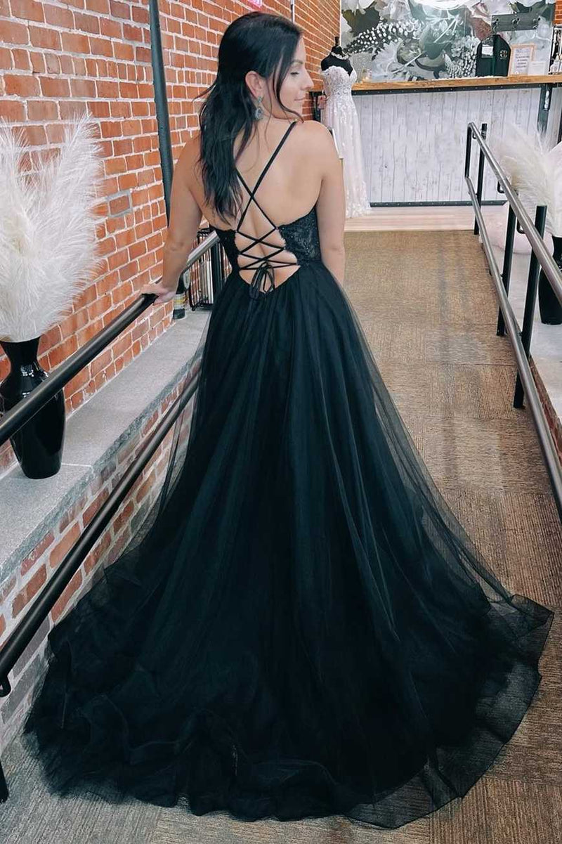 Black Tulle Lace Lace-Up Back A-Line Prom Dress with Slit Dreamdressy Black Tulle Lace Lace-Up Back A-Line Prom Dress with Slit Dreamdressy