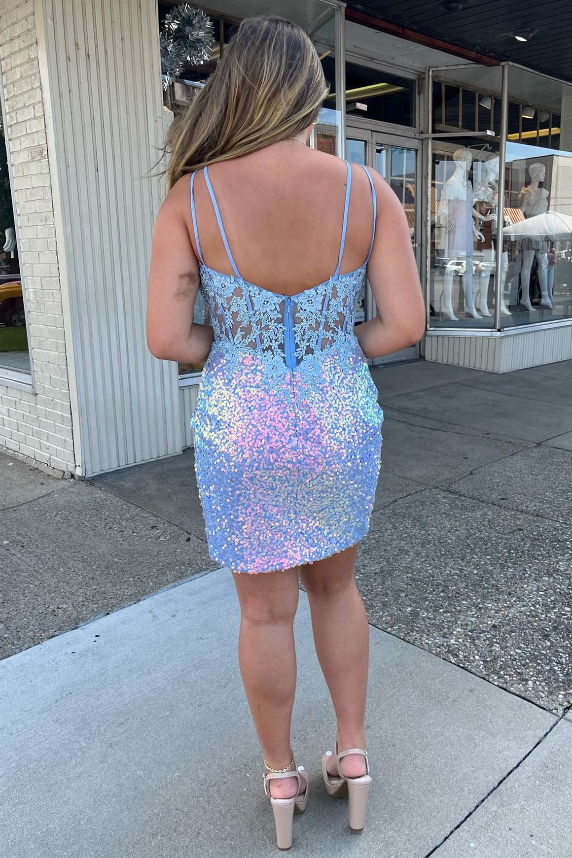 Spliced Periwinkle Sequin V-Neck Short Homecoming Dress Spliced Periwinkle Sequin V-Neck Short Homecoming Dress