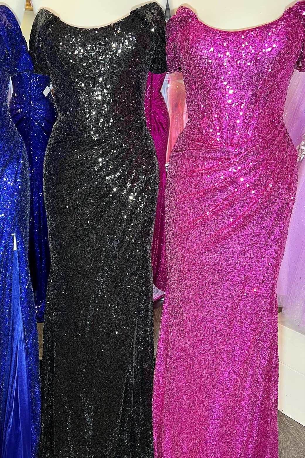 Sequin Off-the-Shoulder Sheath Long Formal Dress with Slit