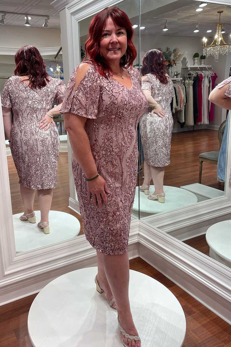 dusty pink mother of the groom dress V-Neck Short Sleeves Beading Dusty Rose Mother Of The Bride Dress