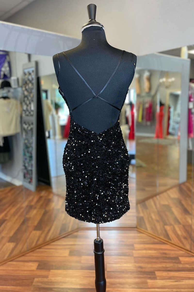 Black Sequins V-Neck Backless Short Party Dress