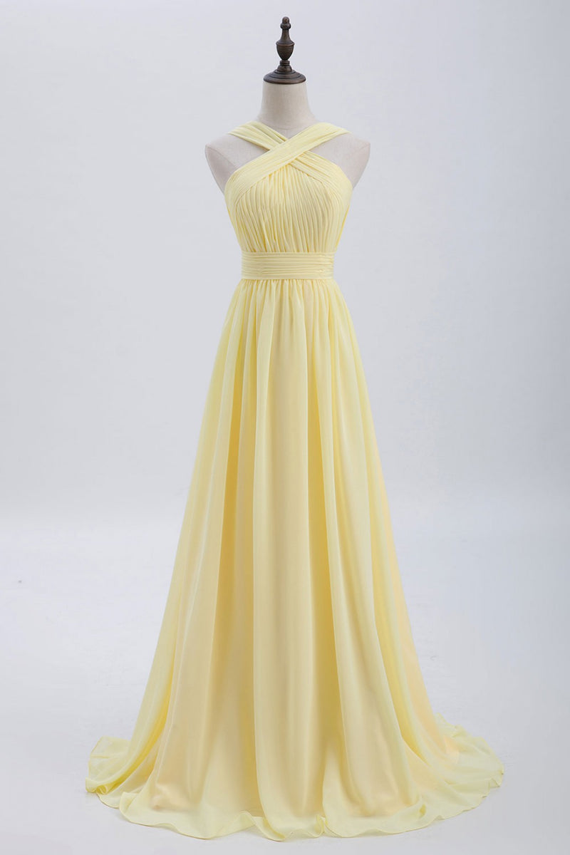 light yellow bridesmaid dresses Cross Front Yellow Pleated Chiffon Long Bridesmaid Dress – Dreamdressy