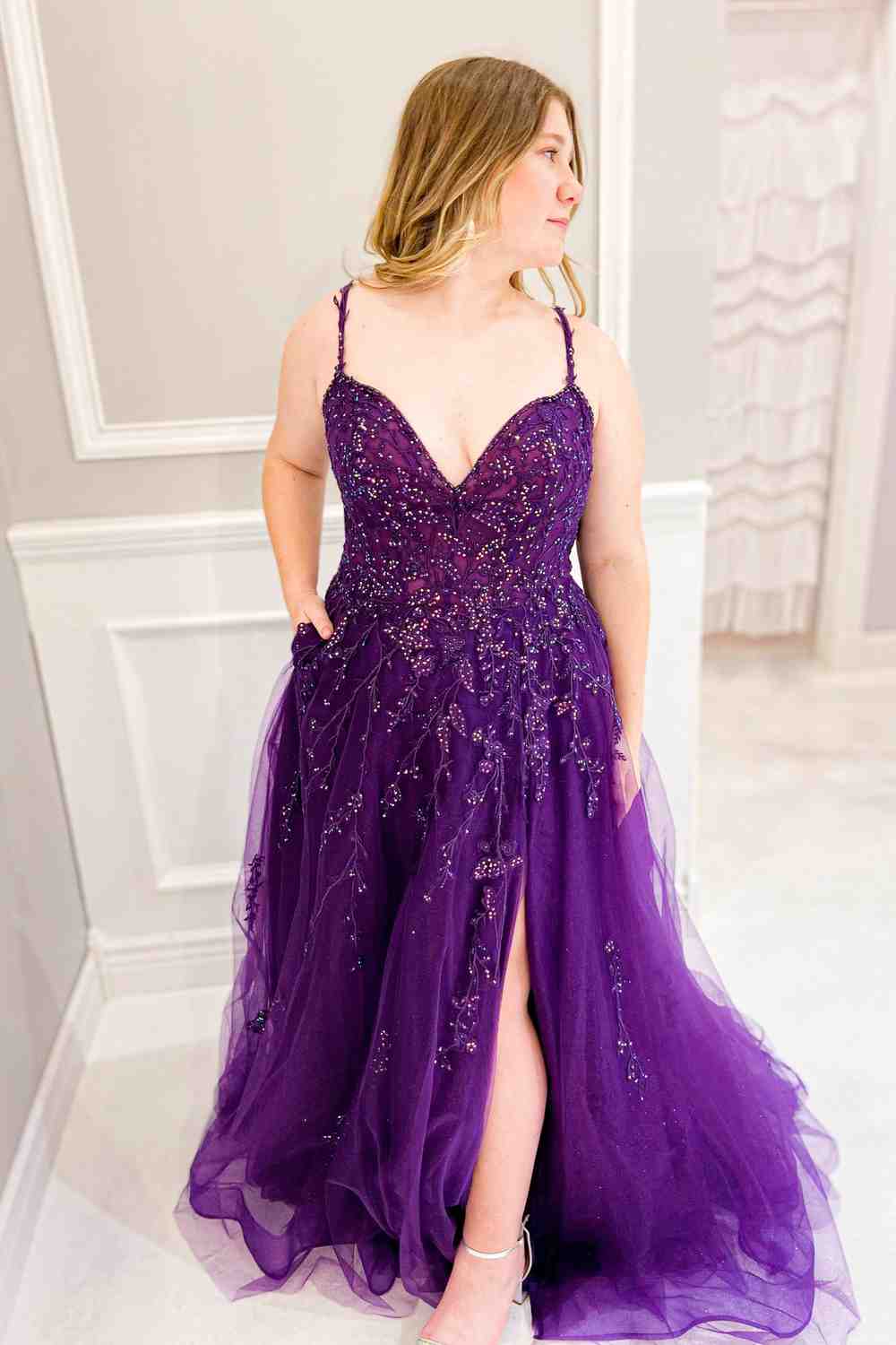 purple plus size prom dresses Purple A-line V Neck Applique Sequins Tulle Long Prom Dress – Dreamdressy