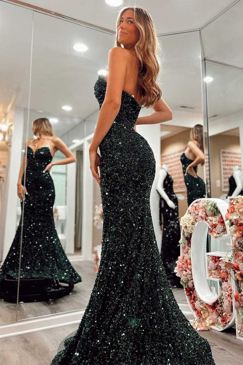 slim fit dress slacks Dark Green Sequin Strapless Corset Mermaid Feather Split Prom Dress main image 0