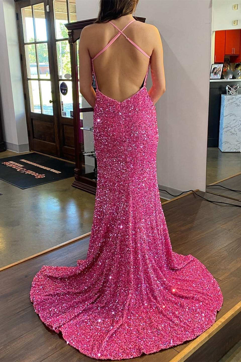 Hot Pink Sequin Plunge V Backless Mermaid Long Prom Dress with Slit Dreamdressy Hot Pink Sequin Plunge V Backless Mermaid Long Prom Dress with Slit Dreamdressy