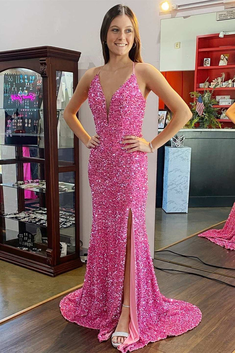 Hot Pink Sequin Plunge V Backless Mermaid Long Prom Dress with Slit –  Dreamdressy