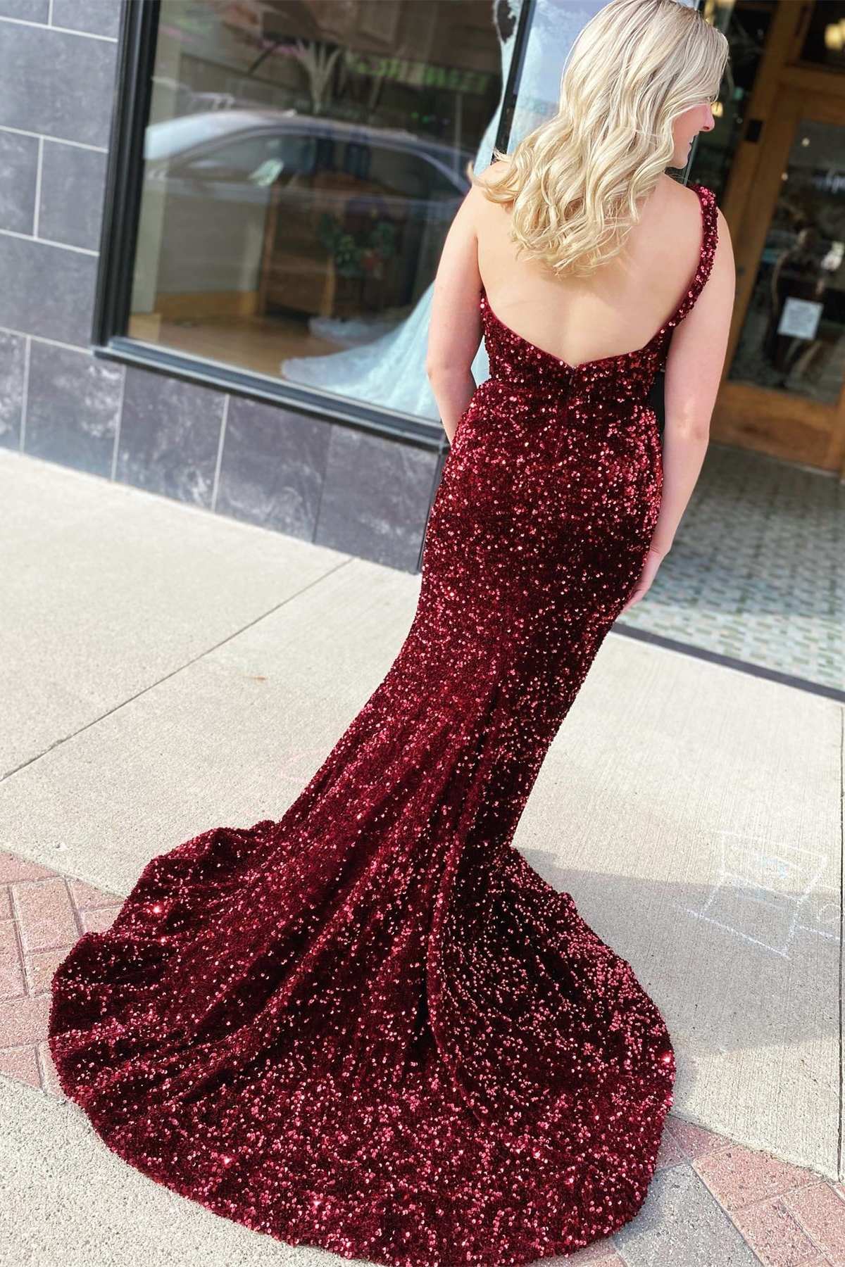 Wine Red Sequin One-Shoulder Long Prom Gown with Slit Dreamdressy Wine Red Sequin One-Shoulder Long Prom Gown with Slit Dreamdressy