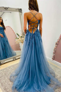 Elegant Appliques Lace-Up Back A-Line Yellow Long Prom Dress