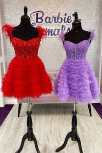 Sweet Feathered Straps A-Line Multi-Tiered Homecoming Dress