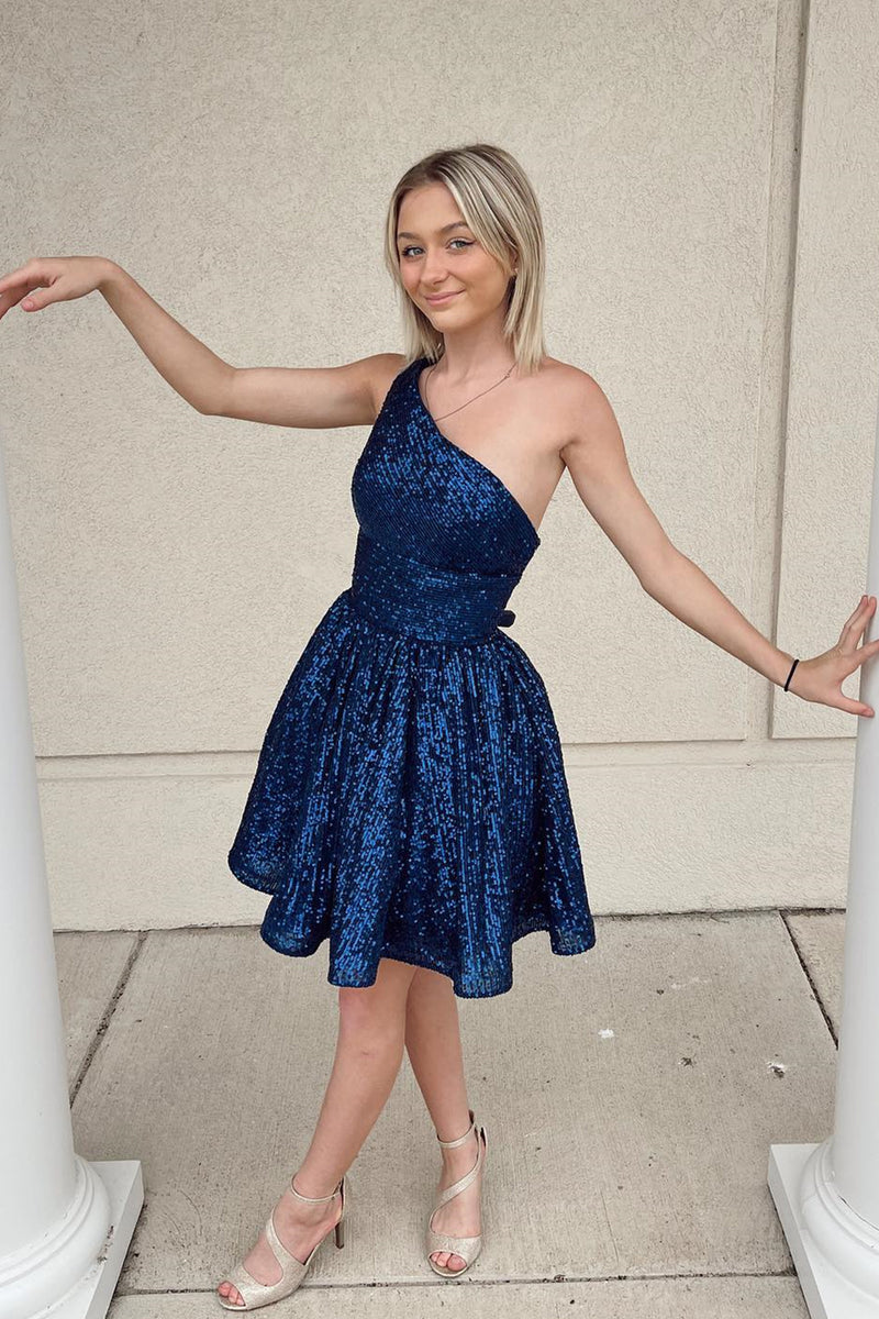 Navy Blue Sequin One-Shoulder A-Line Short Homecoming Dress Navy Blue Sequin One-Shoulder A-Line Short Homecoming Dress