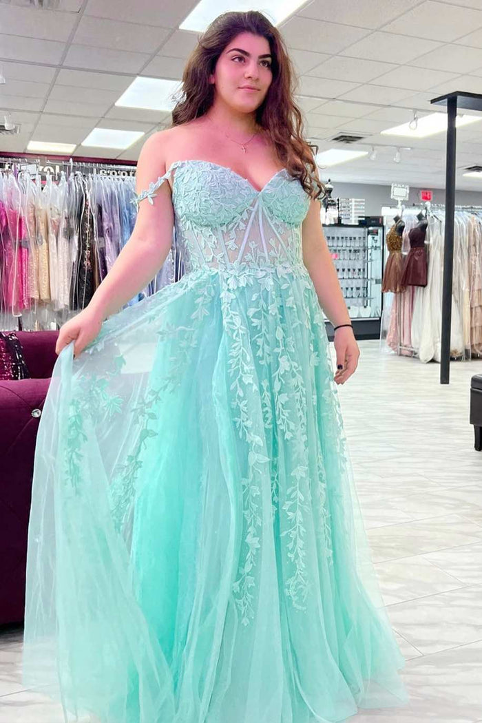 Aqua Tulle Floral Lace Off-the-Shoulder A-Line Prom Dress
