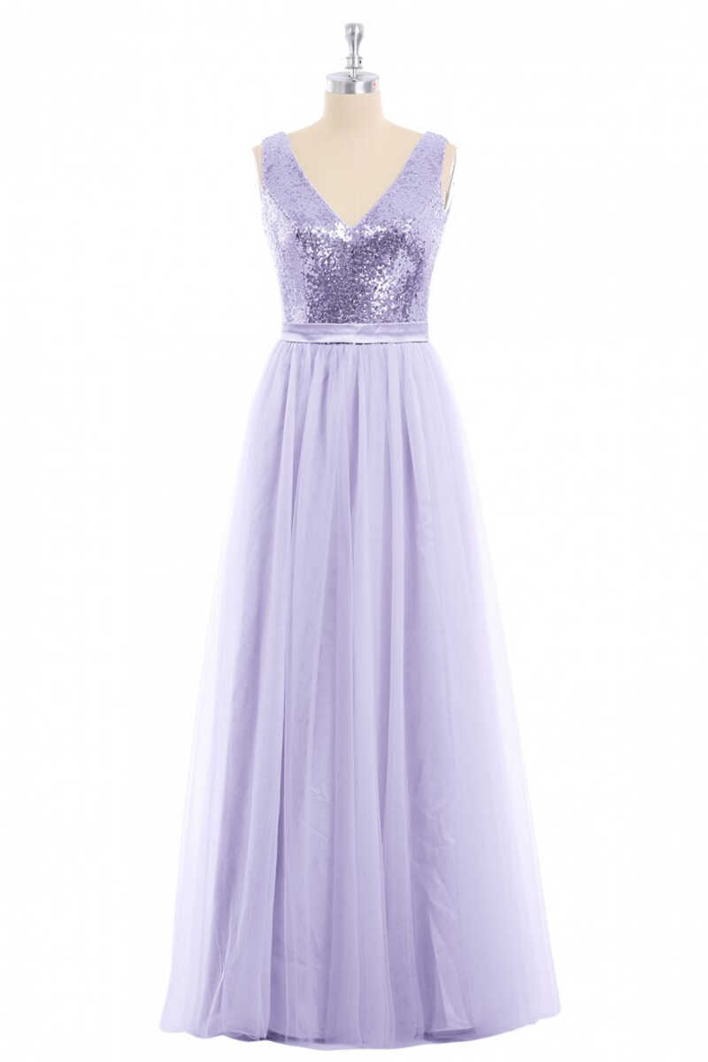 Lavender Sequin V-Neck Backless A-Line Long Dress