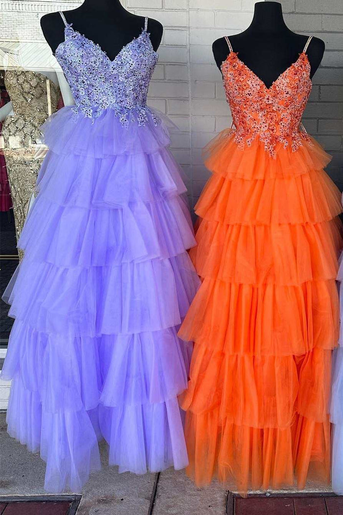 Multi-Tiered Lace Beaded V-Neck Long Prom Dress