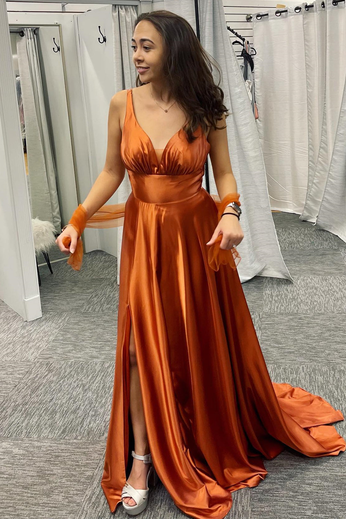 fitted lace wedding dress Rust Orange Deep V Neck Pleated Satin Straps Long Bridesmaid Dress with  Slit
