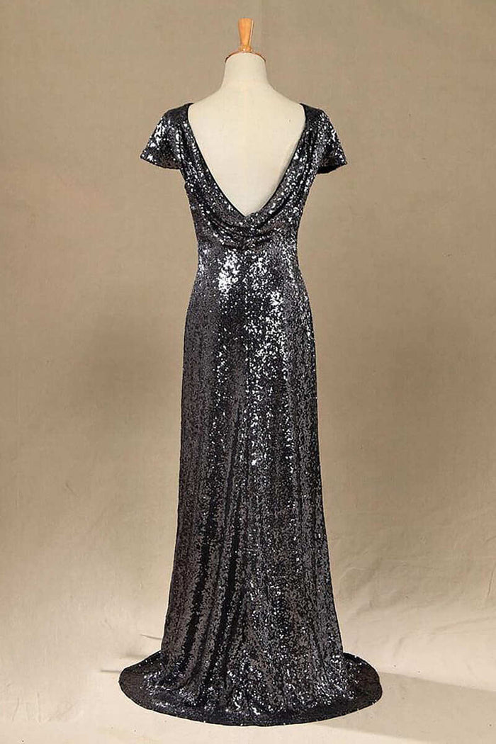 gray sequin bridesmaid dresses B203062 V-neck Brushed Sequin Long Bridesmaid Dress