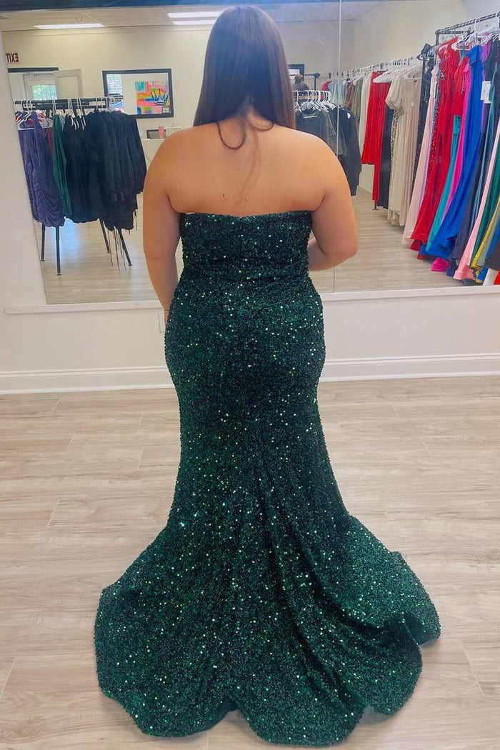 Hunter Green Sequin Strapless Long Formal Dress with Slit