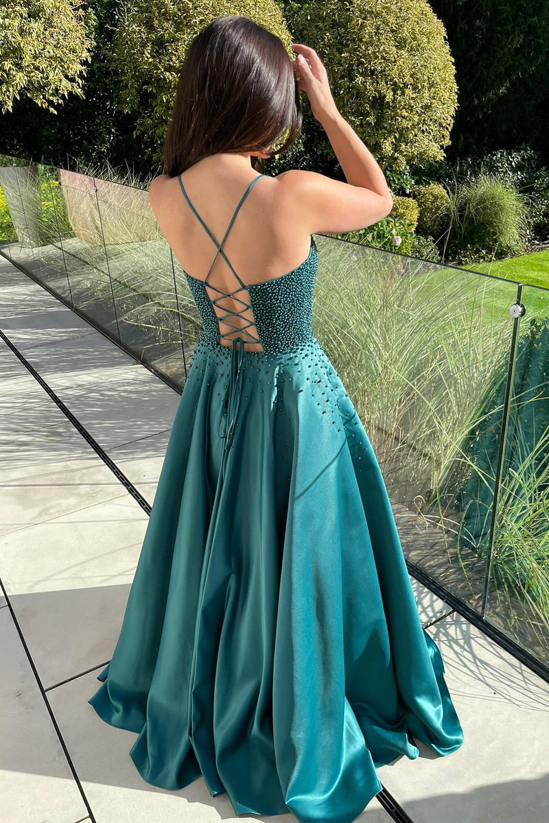 Green A-line Beaded Lace-Up Back Satin Long Prom Dress Dreamdressy Green A-line Beaded Lace-Up Back Satin Long Prom Dress Dreamdressy