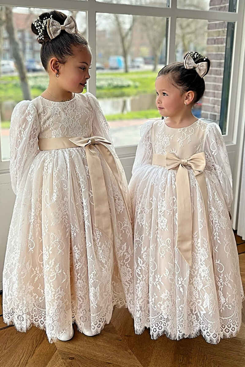 Ivory Lace Long Sleeve Pleated A-Line Flower Girl Dress Ivory Lace Long Sleeve Pleated A-Line Flower Girl Dress