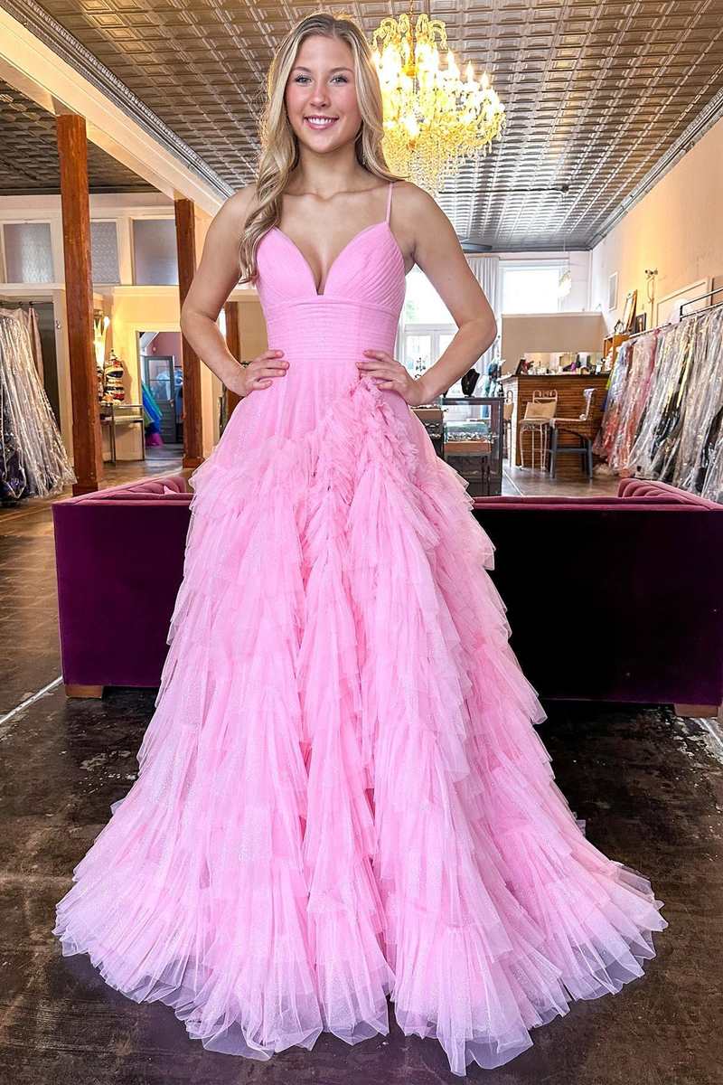 Pink V-Neck Empire Waist Tiered Long Prom Dress with Ruffles – Dreamdressy