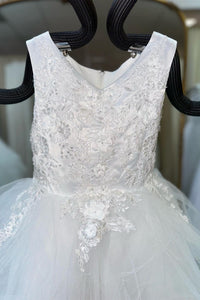 White Sleeves Beaded Appliques Multi-Layers Long Flower Girl Dress