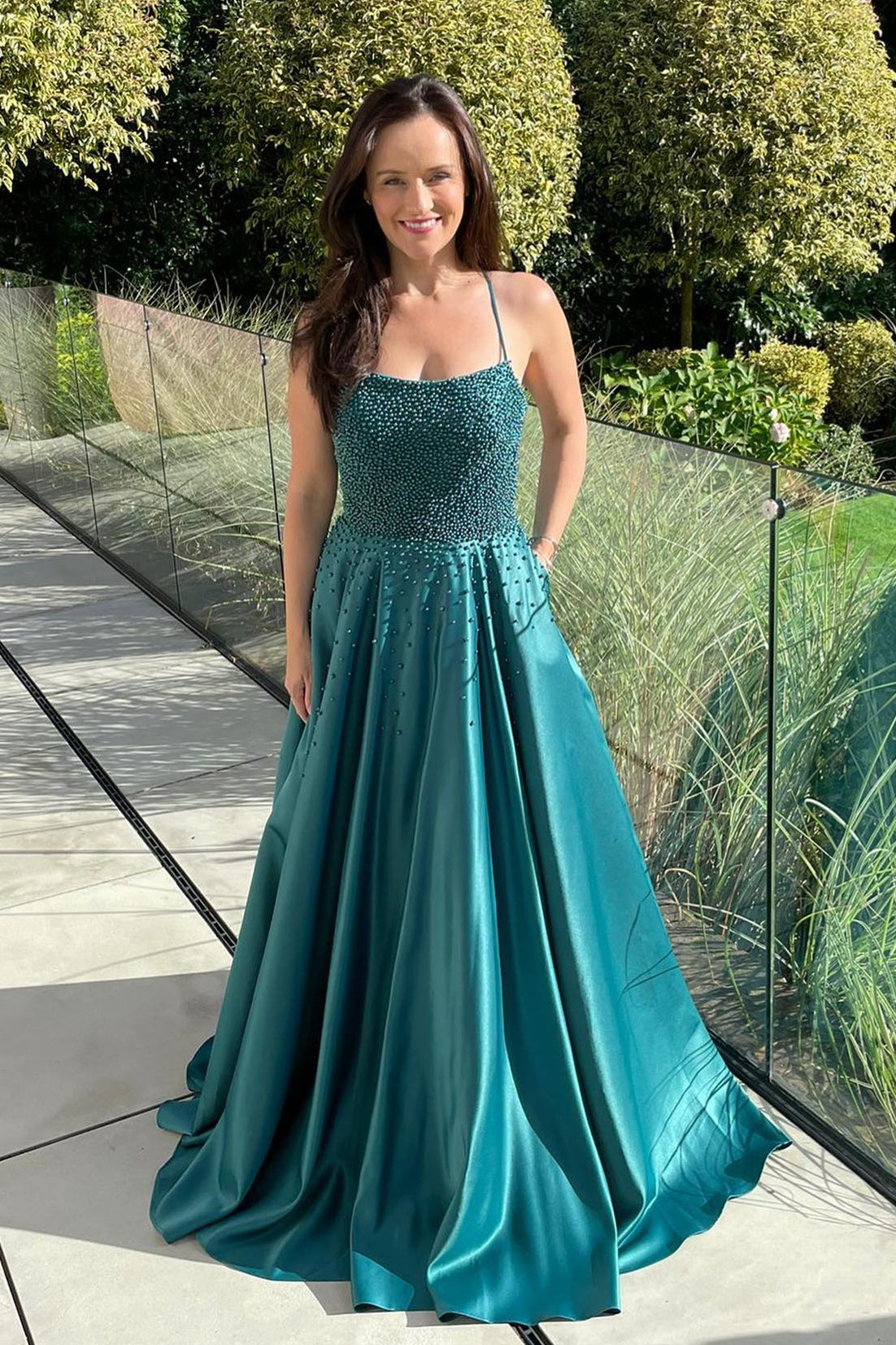 Green A-line Beaded Lace-Up Back Satin Long Prom Dress – Dreamdressy
