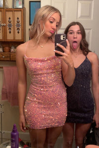 Pink Cowl Neck Sheath Sequins Lace-Up Mini Homecoming Dress