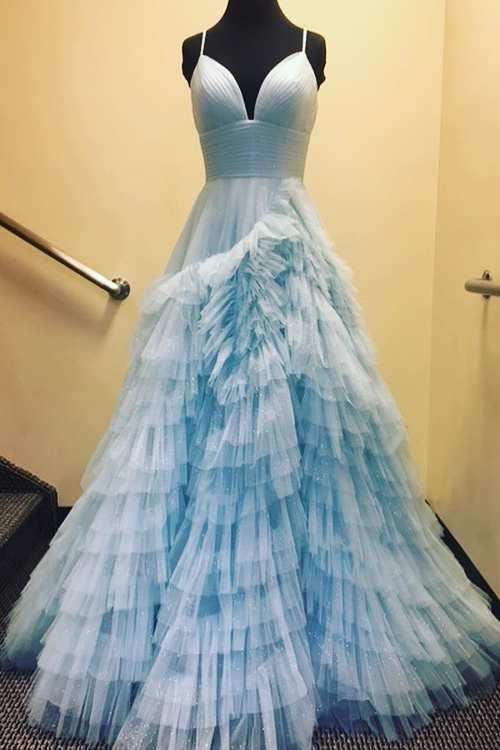 Pink V-Neck Empire Waist Tiered Long Prom Dress with Ruffles