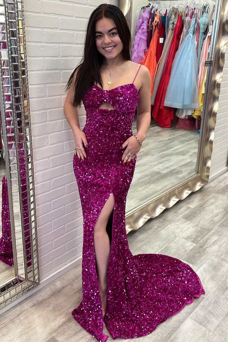 Fuchsia Sequin Keyhole Mermaid Long Prom Dress with Slit Fuchsia Sequin Keyhole Mermaid Long Prom Dress with Slit