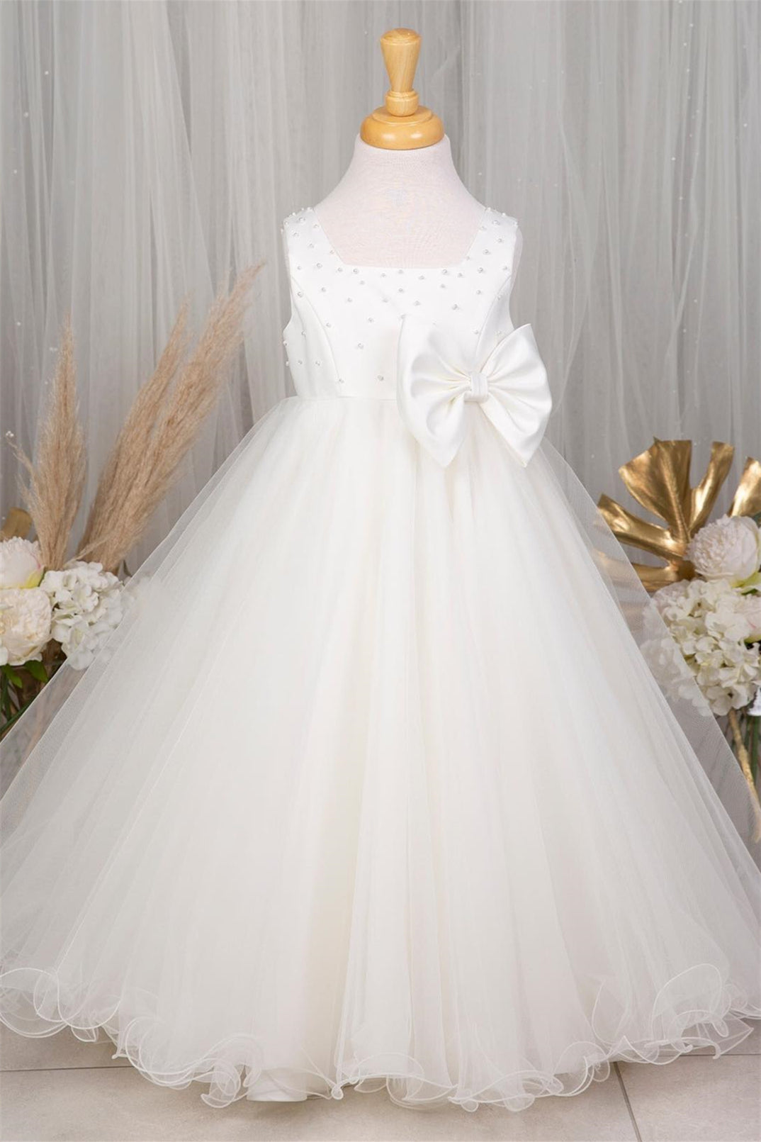 White Square Neck Pearl Beaded Sleeveless Long Flower Girl Dress with Bow