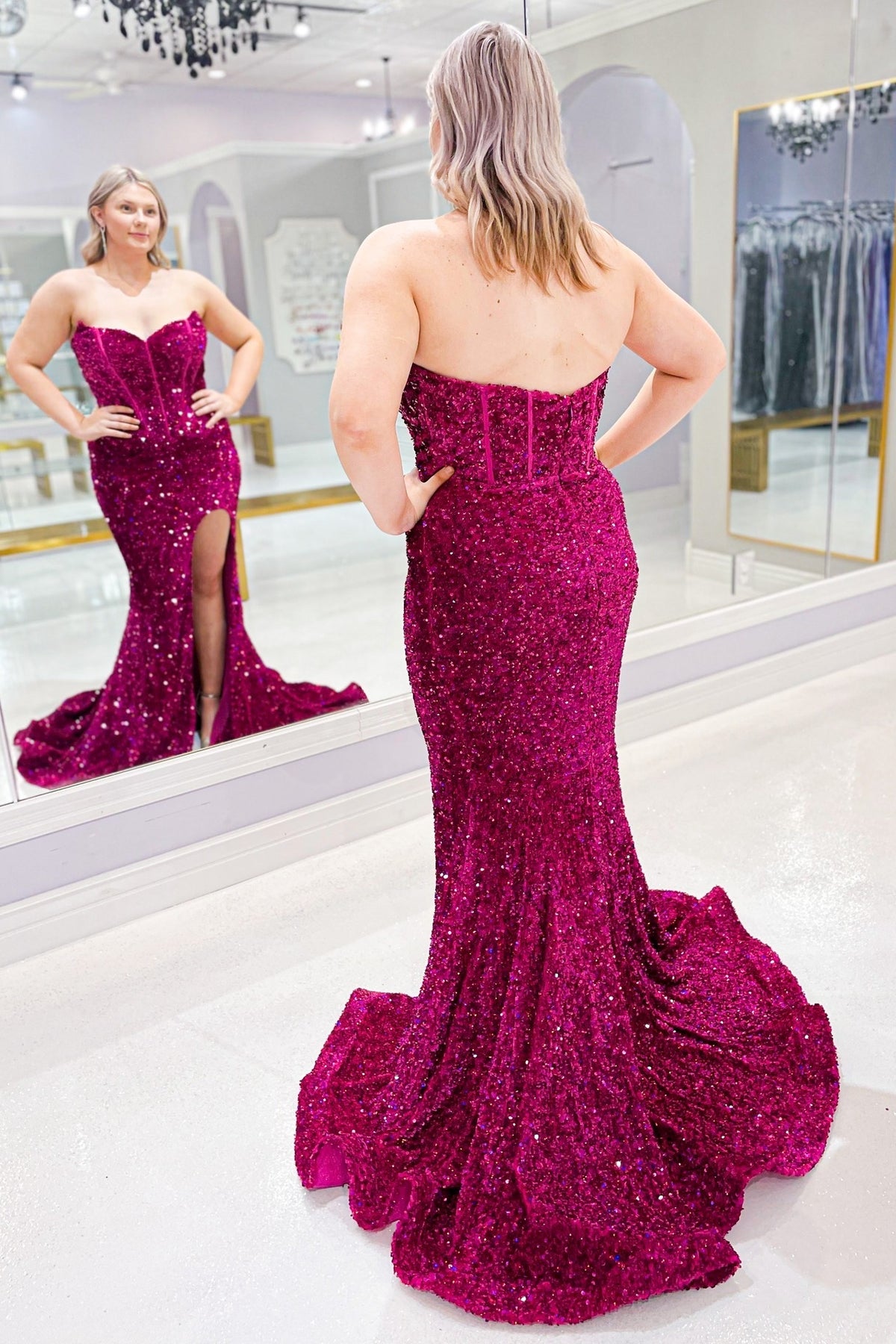 Fuchsia Sequin Strapless Mermaid Long Prom Dress with Slit Dreamdressy Fuchsia Sequin Strapless Mermaid Long Prom Dress with Slit Dreamdressy