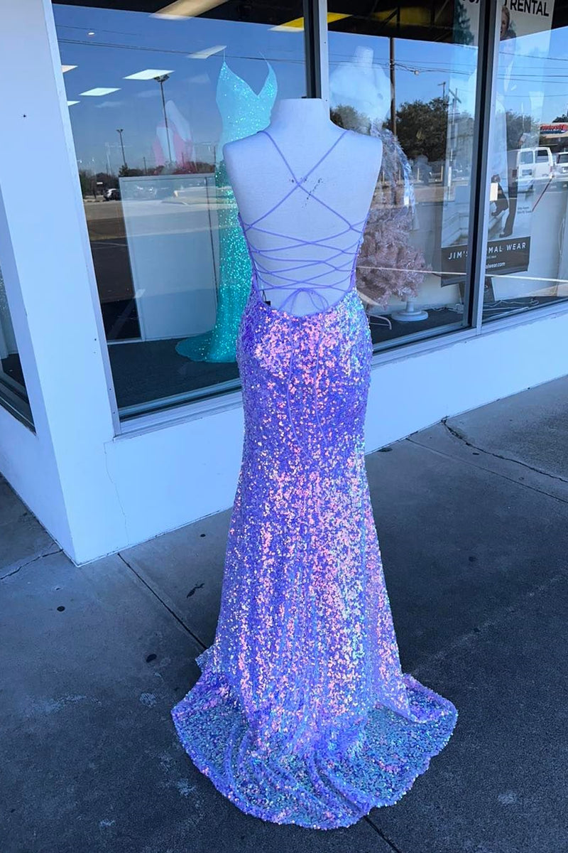 purple iridescent prom dress Lilac Sequin Strapless Mermaid Customized Long Purple Prom Dress