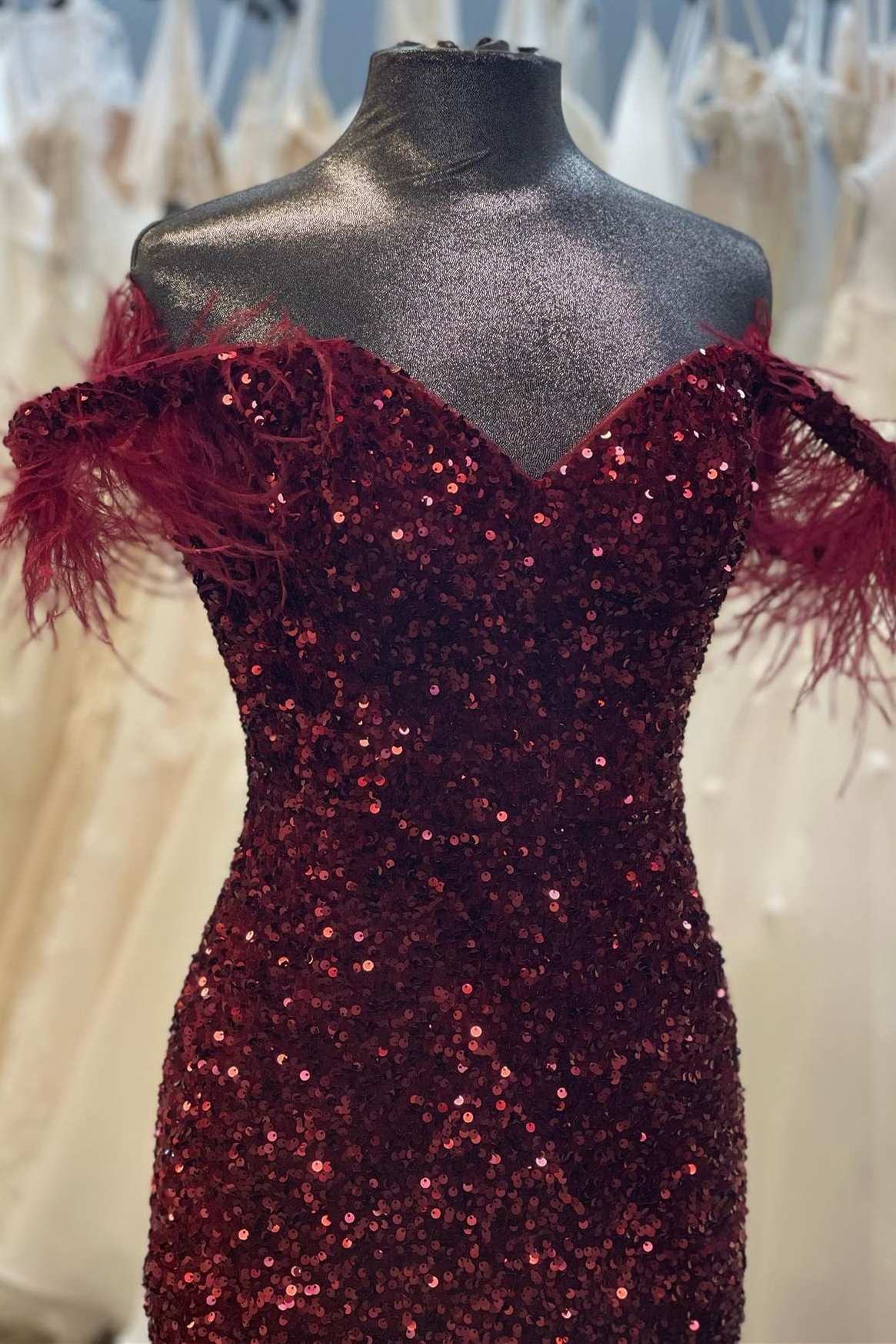 burgundy and silver prom dresses Chic Off-the-shoulder Burgundy Shining Sequined Long Prom Party Gowns with Fur