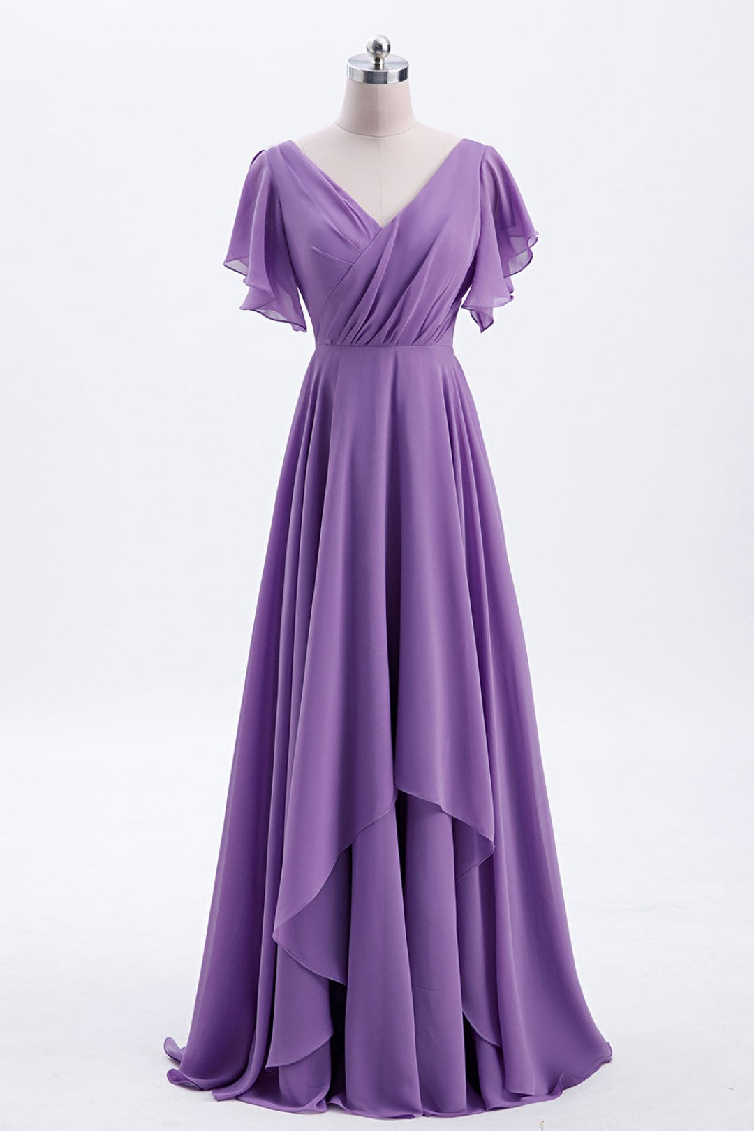 Flutter Sleeves Lavender Chiffon A-line Long Bridesmaid Dress – Dreamdressy